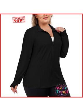 Plus Size Lightweight Athletic Zip Up Jacket UV Protection Thumb Holes